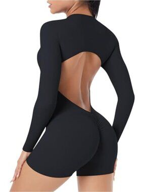 SEAUR Zip Up Workout Jumpsuit Backless Long Sleeve Romper